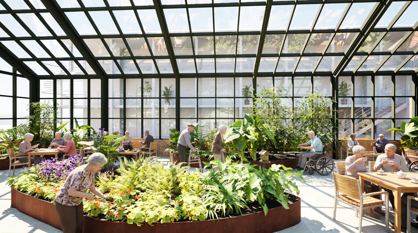 Orangeriet – Lyst interiør med stort glastag og haver